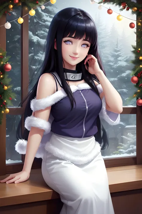 hinata hyuuga, sfw, christmas mood, smile,  <lora:hyuuga_hinata-10:0.8> hyuuga_hinata, konoha, garlands, happy