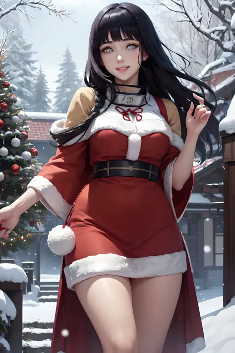 a woman in a santa outfit standing in the snow