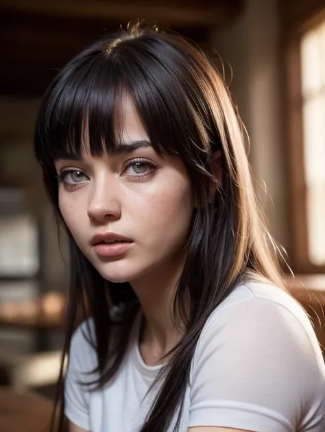 a close up of a woman with long hair and a white shirt