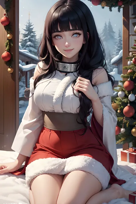 anime girl in a red skirt sitting on a bed with a christmas tree in the background