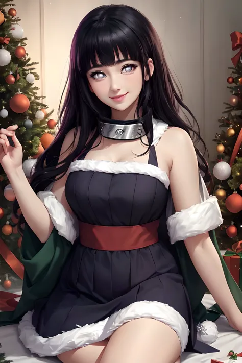 anime girl in a christmas dress sitting on a bed with a christmas tree in the background