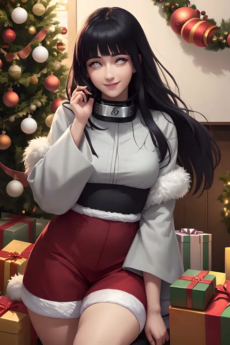 anime girl in santa outfit sitting on a pile of presents