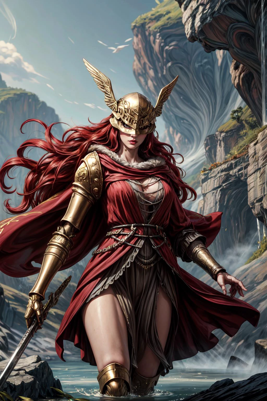 (masterpiece, 8k, 4k, extremely detailed, best quality, absurdres:1.4) nice hands, perfect hands, 1girl,  mature, milf, (huge tits:1.3),malenia blade of miquella, very long red hair, helmet over eyes, red coat, gold arm, flowing robes, sandals, holding long katana, gold greaves, wings, floating in the sky with wings spread