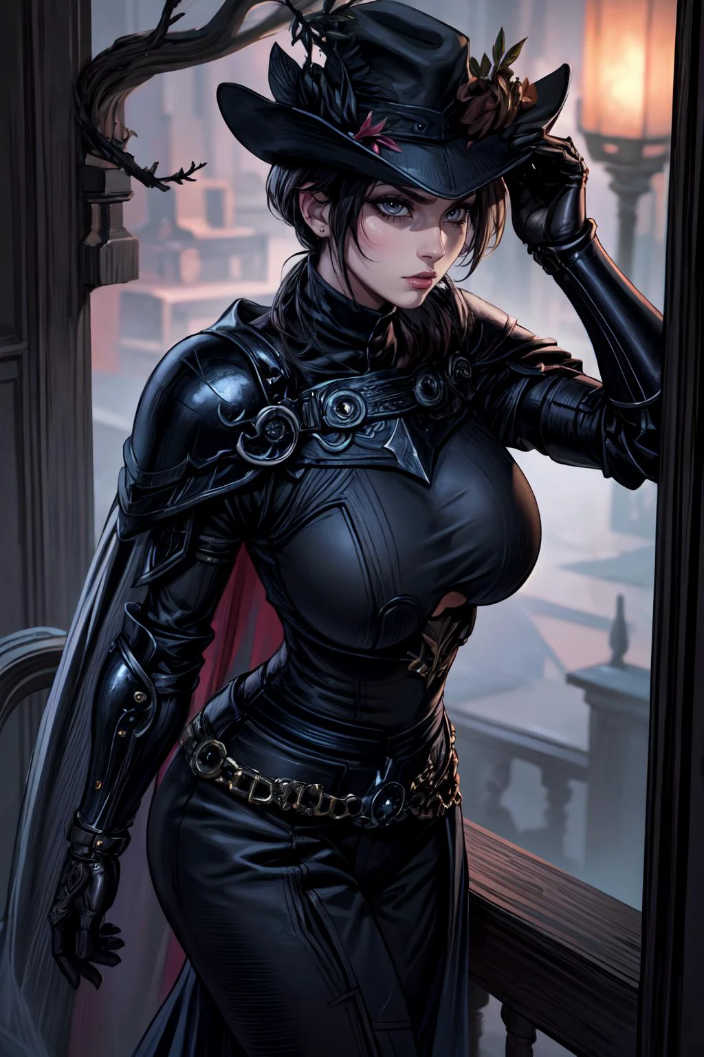 (masterpiece, extremely detailed, best quality, absurdres:1.4) nice hands, perfect hands, 1girl,  solo, mature, milf, sexy, (huge tits:1.3) 1girl, zero, gray eyes, hat, black cape, armor breastplate, gauntlets, boots, cowboy shot, looking at viewer, neutral expression, furrowed brow, from above, from side, looking up, side-eye, night, forest