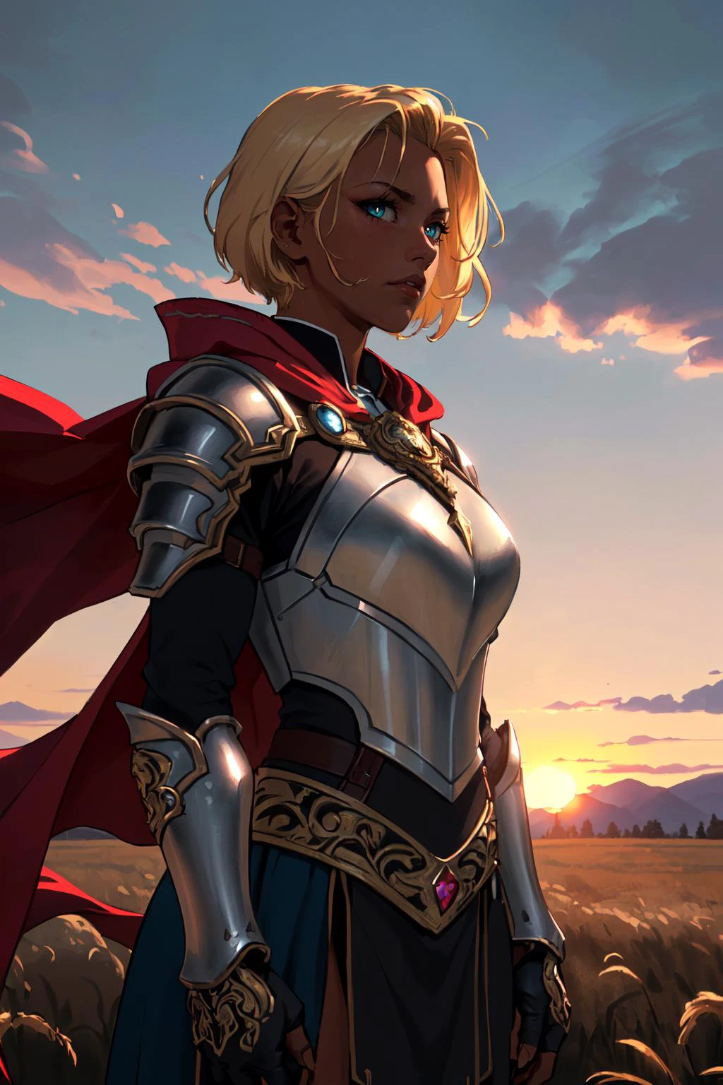 (masterpiece,best quality,absurdres,beautiful,sharp,detailed),cinematic lighting,fantasy,1girl,(dark skin),short hair,undercut,blonde hair,solo focus,cowboy shot,wearing ornate armor,tabard,cape,wind gust,outside,field,sunset,gauntlets,cinematic angle