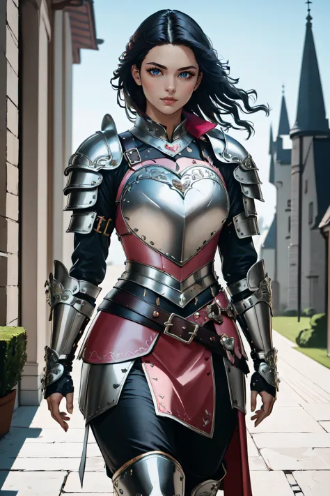 (masterpiece, best quality, ultra detailed, absurdres:1.5), 1girl, (sexy, beautiful woman, perfect face, perfect eyes, perfect female body:1.5), (h34rt, heart, ornate breastplate, pauldrons, belt, gauntlets, belt, plunging neckline, armored boots, long hair, <lora:ValentinesArmor:0.8>), (standing, fantasy, medieval, outdoors, castle in background), perfect lighting, smooth, hdr