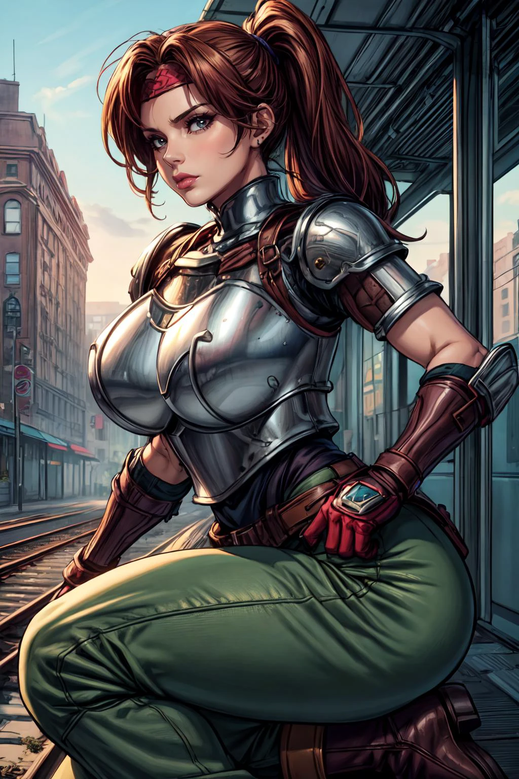 (masterpiece, 8k, 4k, extremely detailed,  dynamic shading, best quality, strong linework, absurdres:1.1) nice hands, perfect hands, sexy, mature, milf, (huge tits:1)jessie rasberry, brown hair in a ponytail with split bangs, headband, (breastplate armor:1.4), high waisted blue bodysuit, and lowrise pants belt, fingerless gloves, green pants, boots, on a futuristic train platform