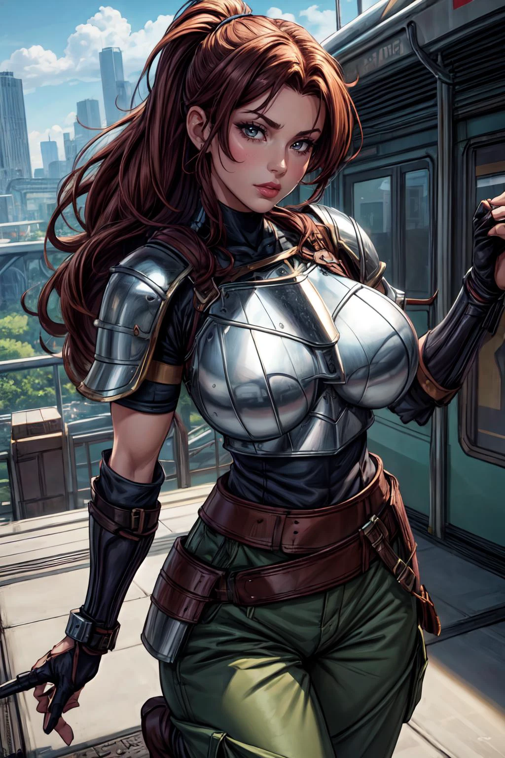 (masterpiece, 8k, 4k, extremely detailed,  dynamic shading, best quality, strong linework, absurdres:1.1) nice hands, perfect hands, sexy, mature, milf, (huge tits:1)jessie rasberry, brown hair in a ponytail with split bangs, headband, (breastplate armor:1.4), high waisted blue bodysuit, and lowrise pants belt, fingerless gloves, green pants, boots, on a futuristic train platform