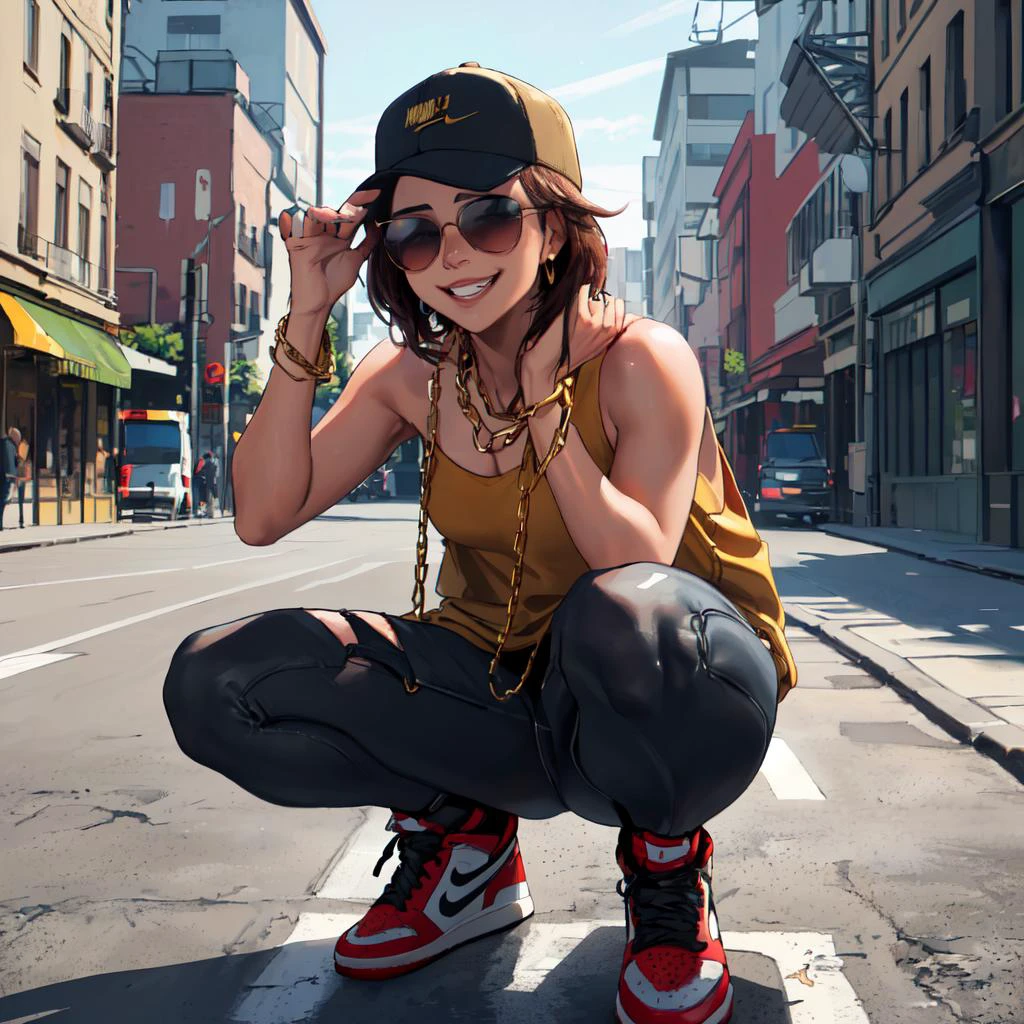(masterpiece,best quality,absurdres,beautiful,sharp,detailed),street,1girl, air_jordan_1,squatting,grin,gold chain,jewelry,hat,sunglasses  