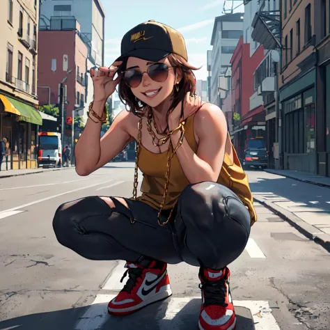 (masterpiece,best quality,absurdres,beautiful,sharp,detailed),street,1girl, air_jordan_1,squatting,grin,gold chain,jewelry,hat,s...