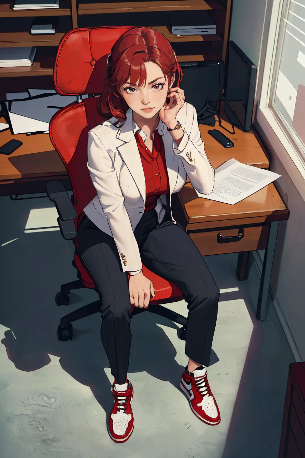 (masterpiece,best quality,absurdres,beautiful,sharp,detailed),from above,sitting,desk,1girl,solo,business suit,pants,chair,air_jordan_1,red footwear  