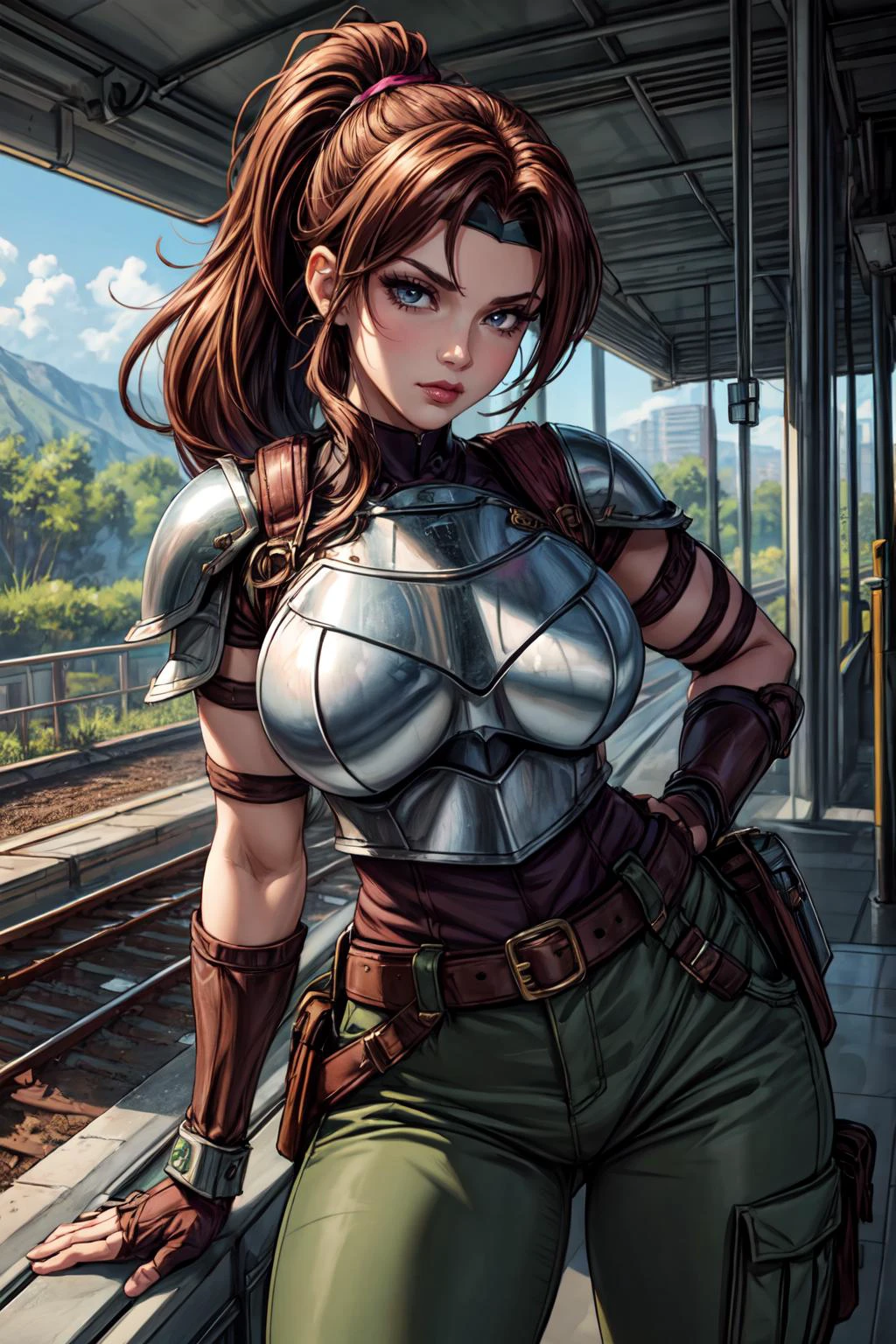 (masterpiece, 8k, 4k, extremely detailed,  dynamic shading, best quality, strong linework, absurdres:1.1) nice hands, perfect hands, sexy, mature, milf, (huge tits:1)jessie rasberry, brown hair in a ponytail with split bangs, headband, (breastplate armor:1.4), high waisted blue bodysuit, and lowrise pants belt, fingerless gloves, green pants, boots, on a futuristic train platform