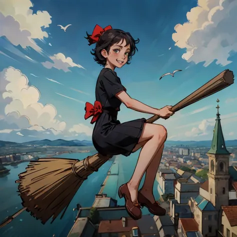 a woman in a black dress is flying on a broom