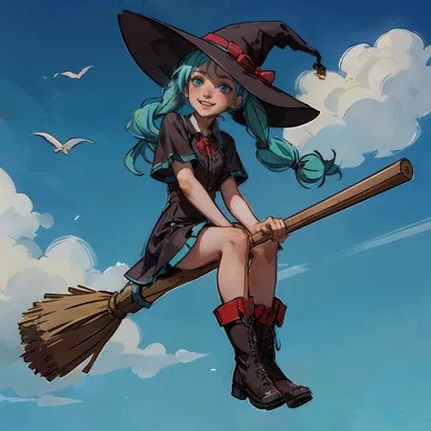 hatsune miku, blue twintail hair, blue eyes, wearing witch outfit, boots, witch hat, looking happy, blush, sitting, 
broom_straddle_riding, broom, broom riding, straddling, blue sky, high quality, masterpiece,