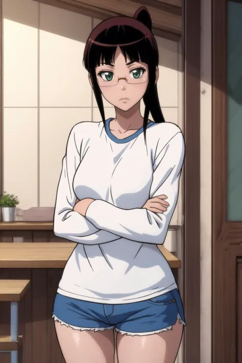 a woman in a white shirt and blue shorts standing in a kitchen