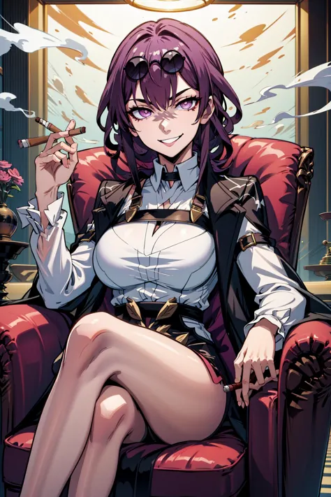 masterpiece, best quality, absurdres, 1girl, solo,  <lora:KafkaV4:0.8> KafkaV4, large breasts, purple eyes, sunglasses, upper body, eyewear on head, shirt, white shirt, jacket, BREAK  <lora:loungeChair:0.4> (((smoking,lounge chair,cigar,sitting,smirk,holding cigarette,crossed legs, evil smile))),