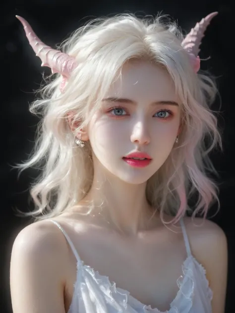 dark,caustics,colorful,gorgeous light and shadow,The girl's pale skin,her lips are slightly open to reveal her teeth,and her pink eyes are blurry and dreamy. mottled light and shadow,(dragon_horns:1.2),portrait,silver_hair,black_background,