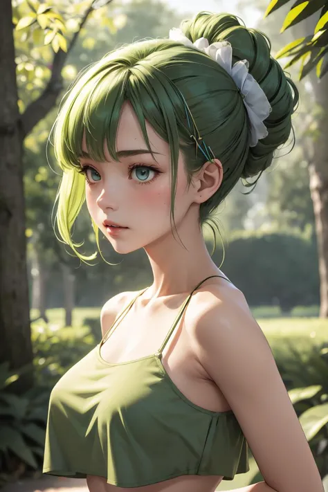 a woman with green hair and a green top posing for a picture