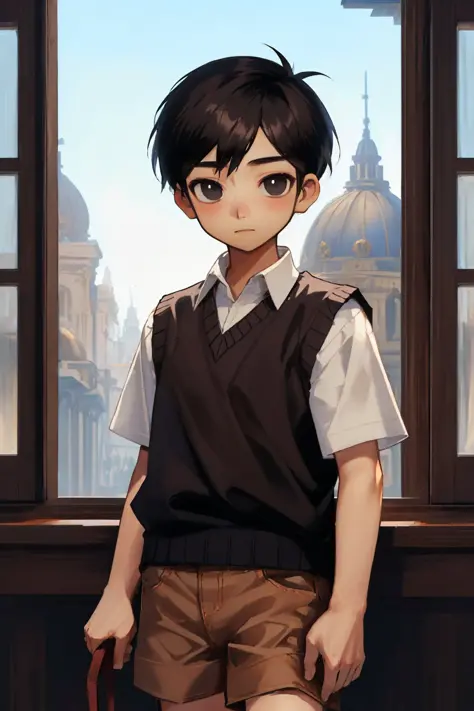 (masterpiece, best quality:1.2), <lyco:omori_sunny-10:1.0>, cowboy shot, solo, male focus, 1boy, omorisunny, expressionless, closed mouth, looking at viewer, collared shirt, short sleeves, sweater vest, brown shorts