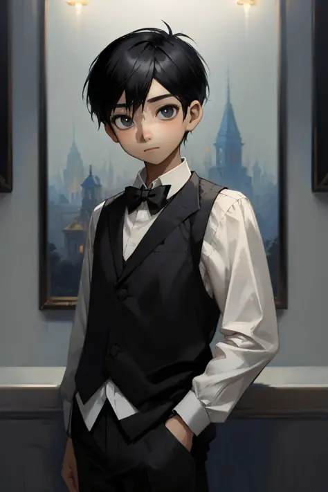 (masterpiece, best quality:1.2), <lyco:omori_sunny-10:1.0>, cowboy shot, solo, male focus, 1boy, omorisunny, expressionless, closed mouth, looking at viewer, hand in pocket, formal, tuxedo, bowtie, black pants