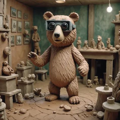 there is a clay bear with goggles on in a room