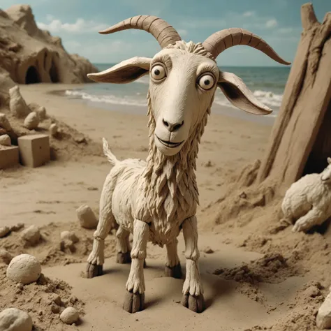 there is a goat that is standing in the sand