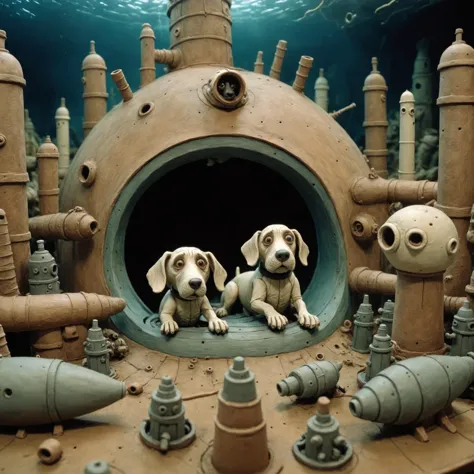 <lora:Jan Svankmajer Style:1> Jan Å vankmajer Style page <lora:Clay Animation:1> Clay Animation page, Dog in a submarine: a underwater and claustrophobic place with torpedoes, periscopes, and sailors