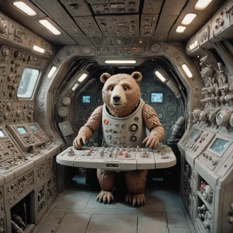 there is a bear that is sitting in a space station