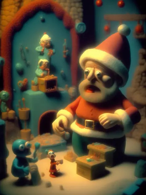 <lora:CLAYMATION:1>1970s claymation style , santa is working with some elves in the toyshop