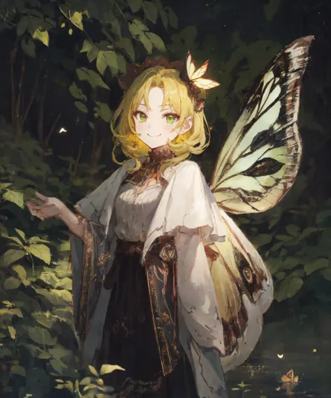 a woman in a fairy costume holding a butterfly in her hand