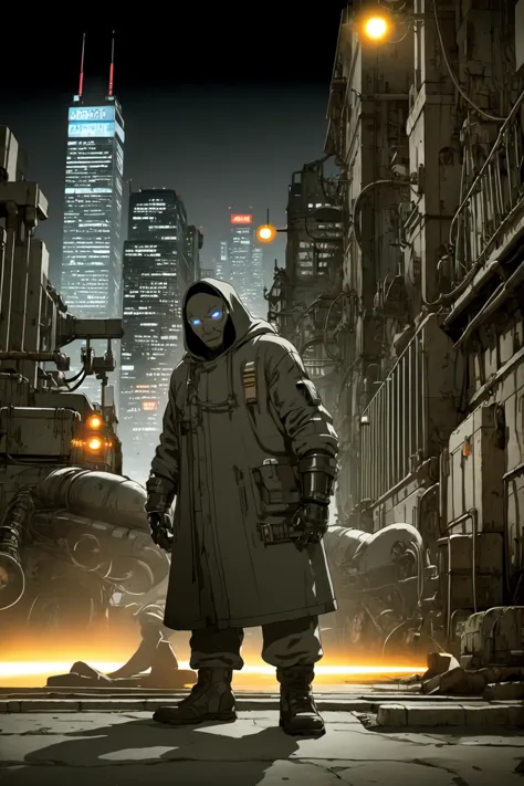 a man in a gas mask standing in a city street