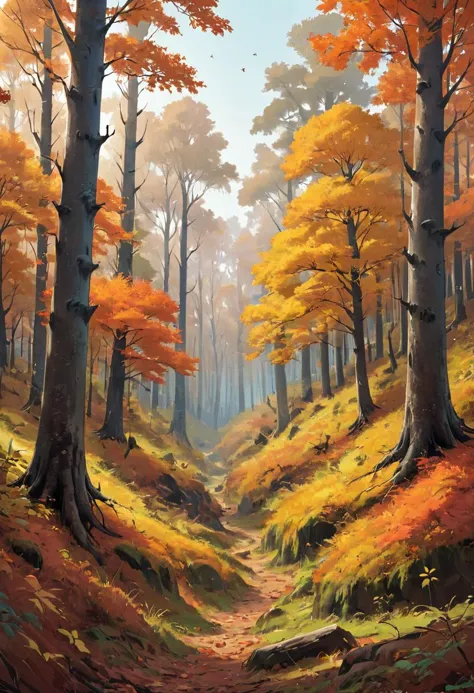 a painting of a path through a forest with trees and leaves