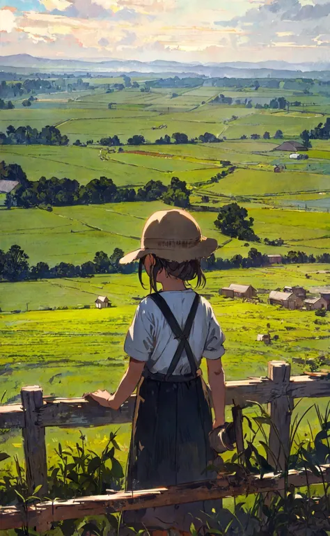 little girl working hard at a farm, (painterly, cinematic, atmospheric perspective)