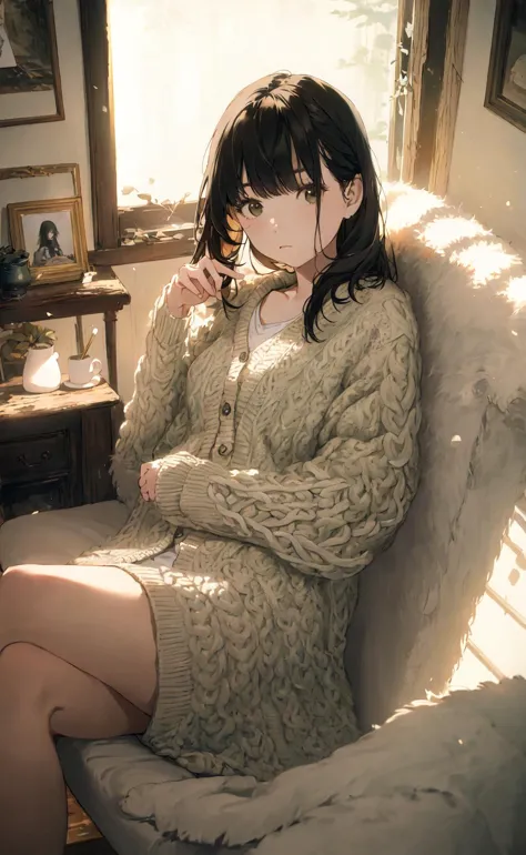 polaroid photo, masterpiece, best quality, 1girl, relaxing in the morning, tranquil, peaceful, cozy, relaxed, fluffy knit cardigan, warm lighting