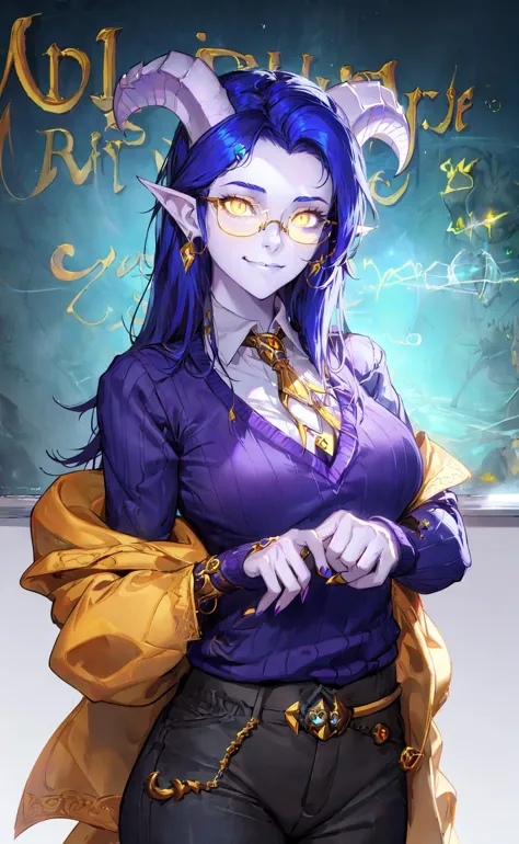 masterpiece, best quality, 1girl, draenei, draenei teacher, yellow eyes, colored sclera, blue skin, blue hair, glasses, collared shirt, sweater, trousers, close-up, upper body, hair ornament, smug, smirk, classroom, chalkboard <lora:draenei-warcraft-richy-v1:0.9>