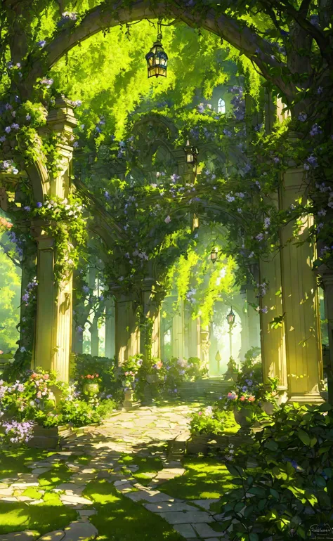 (masterpiece, best quality, highly detailed, intricate), a walkway in a garden with lots of green plants and trees on either side of it and a lantern hanging from the ceiling, Florence Engelbach, tone mapping, a flemish Baroque, german romanticism, cinematic composition, beautiful lighting