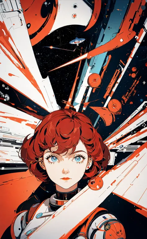 a close up of a person with a red hair and a spaceship