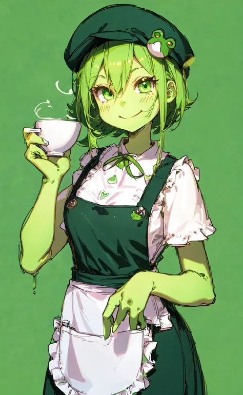 illustration, cute frog girl barista, green colored skin, hat, apron, happy