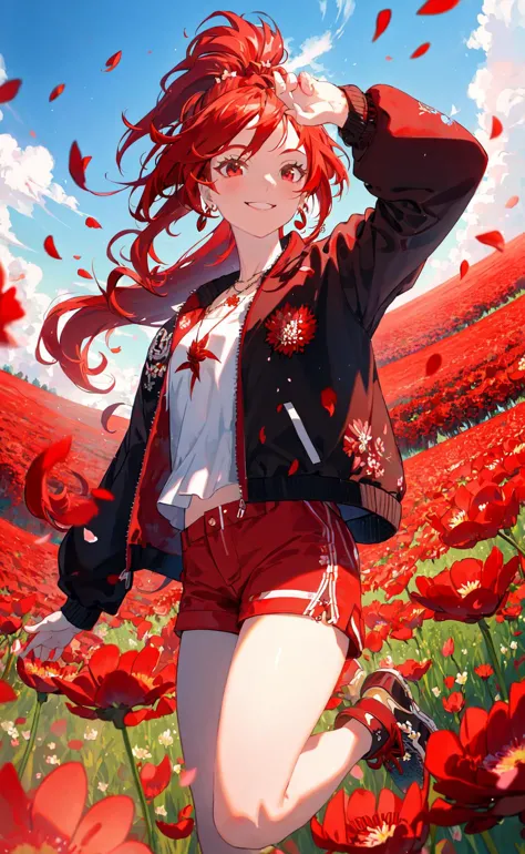 fisheye lens, masterpiece, best quality, 1girl, jumping in a field of red flowers, (petals:1.2), red ponytail, long hair, oversized track jacket, shorts, jewelry, smile, sky, (from below:0.9)