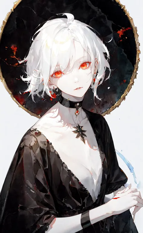 masterpiece, best quality, (onyx theme:1.1576), (perfect onyx:1.05), (1girl:1.05), paprika, white hair, simple background, head tilt, albino, (watercolor:0.9524), choker