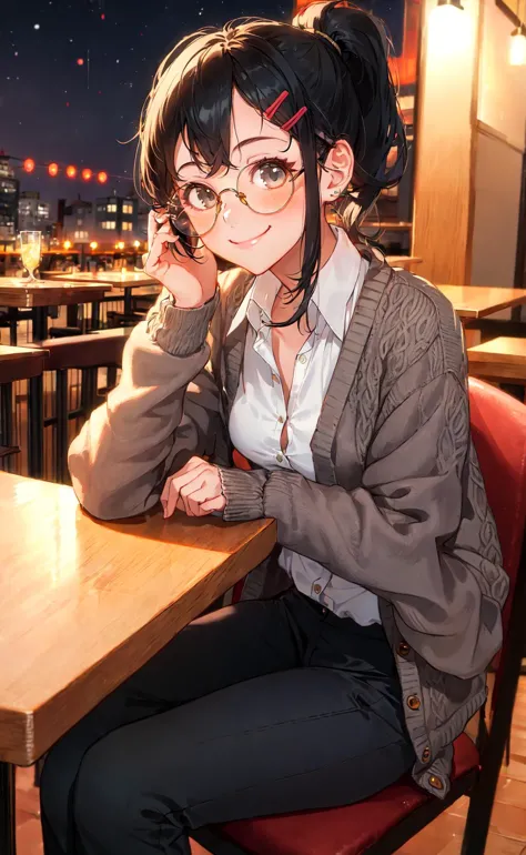 masterpiece, best quality, 1girl, black ponytail, hairclip, shirt, cardigan, trousers, glasses, sitting at a restaurant, night, blush, smile