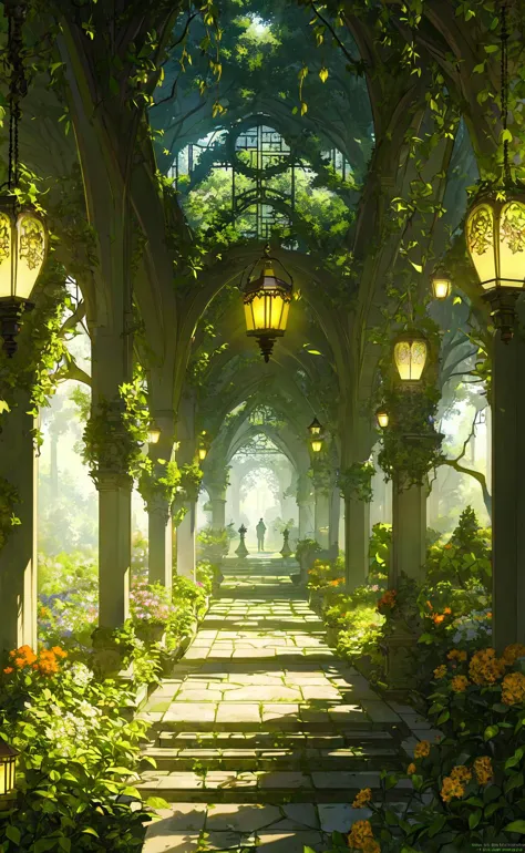 a painting of a pathway with lanterns and flowers in the middle