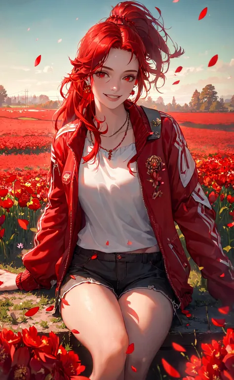 a woman sitting on a field of red flowers with a red jacket