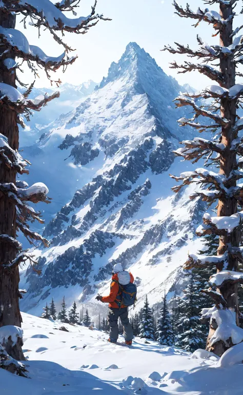 skiers on a snowy mountain with a mountain in the background