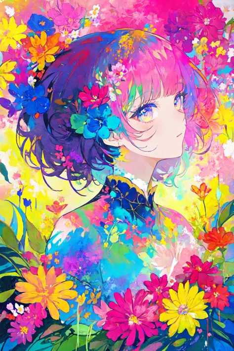 masterpiece, best quality, solo, 1girl, double exposure, paint, bloomcore, flowers, colorful,