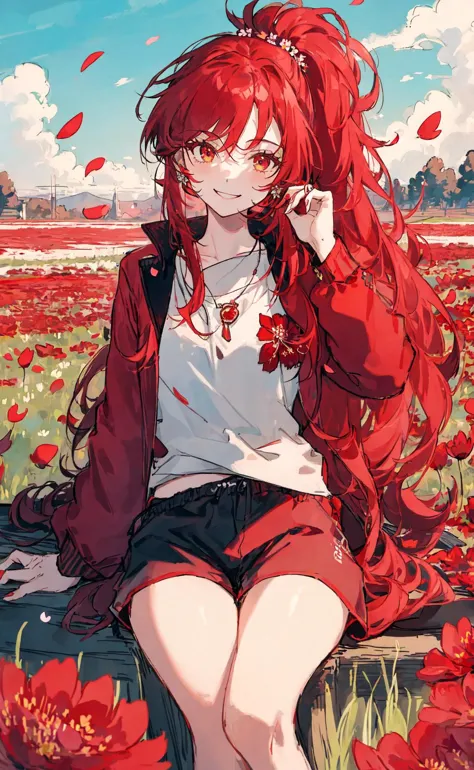 anime girl sitting on a bench in a field of red flowers