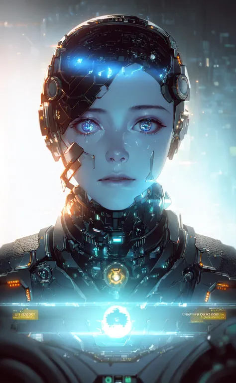 a woman in a futuristic suit with glowing eyes and a futuristic head