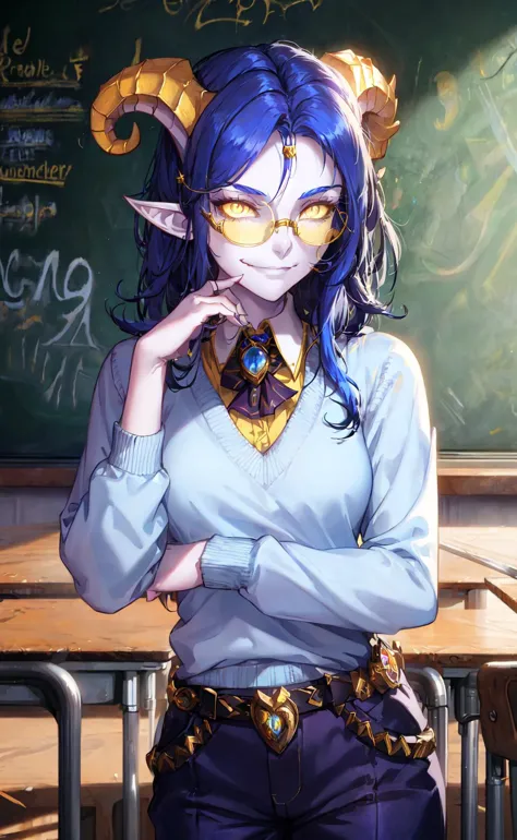 masterpiece, best quality, 1girl, draenei, teacher, yellow eyes, colored sclera, blue skin, blue hair, glasses, collared shirt, sweater, trousers, close-up, upper body, hair ornament, smug, smirk, classroom, chalkboard <lora:draenei-warcraft-richy-v1:0.9>