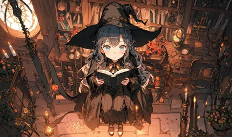 masterpiece,best quality,sketch,from above,witch's home,(fireplace:1.1),magic plants,bookshelf,colorful wall lamp,warm,cozy,1girl,witch,(mature female:1.2),sitting in cozy chair,reading,very long hair,wavy black hair,light blue eyes,black and white cloths,very long cape,long sleeves,ribbon,black bowtie,lace,<lora:wrenchwitchiness:0.5>,wrenchwitchiness,candelabrum,clock,quill,