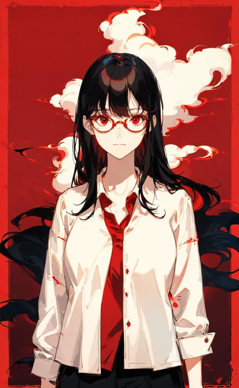 (illustration:1.2), (mature female:1.2), 1girl, solo, red background, smoke, long hair, black hair, simple background, outside border, looking at viewer, red eyes, shirt, bangs, collared shirt, white shirt, upper body, closed mouth, glasses